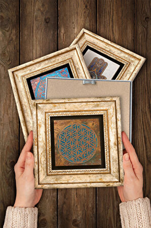Yaşam Çiçeği, Mandala, Sri Yantra Taş Duvar Tablosu Çerçeveli Duvar Dekoru 4 Parça Tablo Seti Wall Art