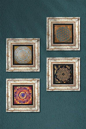 Yaşam Çiçeği, Mandala, Sri Yantra Taş Duvar Tablosu Çerçeveli Duvar Dekoru 4 Parça Tablo Seti Wall Art
