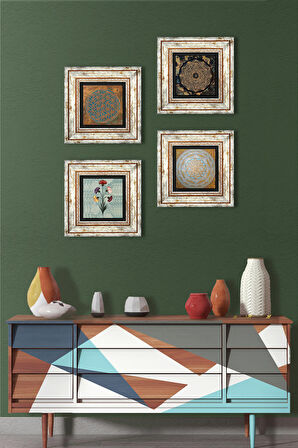 Yaşam Çiçeği, Ebru Sanatı, Sri Yantra Taş Duvar Tablosu Çerçeveli Duvar Dekoru 4 Parça Tablo Seti Wall Art