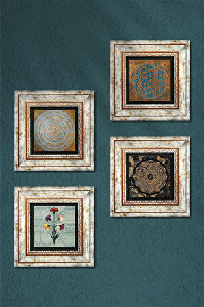 Yaşam Çiçeği, Ebru Sanatı, Sri Yantra Taş Duvar Tablosu Çerçeveli Duvar Dekoru 4 Parça Tablo Seti Wall Art