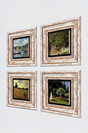 Monet Kırda Öğle Yemeği, Bahçedeki Kadın, Köprü, Gelincikler Taş Duvar Tablosu Çerçeveli Duvar Dekoru 4 Parça Tablo Seti Wall Art