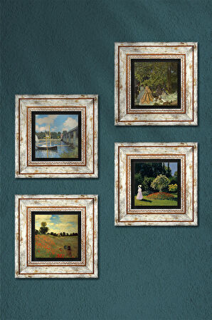 Monet Kırda Öğle Yemeği, Bahçedeki Kadın, Köprü, Gelincikler Taş Duvar Tablosu Çerçeveli Duvar Dekoru 4 Parça Tablo Seti Wall Art