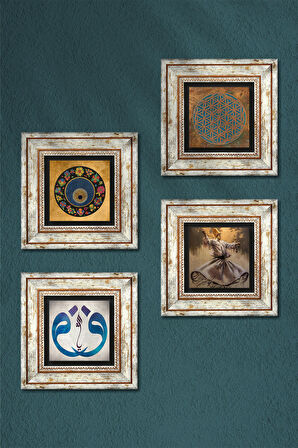 Yaşam Çiçeği, Semazen, Vav, Nazar Taş Duvar Tablosu Çerçeveli Duvar Dekoru 4 Parça Tablo Seti Wall Art