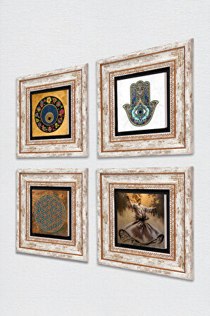 Yaşam Çiçeği, Semazen, Nazar, Fatma Ana Eli (Hamsa) Taş Duvar Tablosu Çerçeveli Duvar Dekoru 4 Parça Tablo Seti Wall Art
