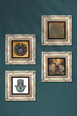 Yaşam Çiçeği, Semazen, Nazar, Fatma Ana Eli (Hamsa) Taş Duvar Tablosu Çerçeveli Duvar Dekoru 4 Parça Tablo Seti Wall Art
