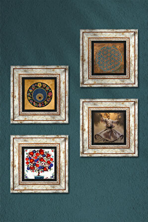 Yaşam Çiçeği, Semazen, Nazar, Nar Ağacı Taş Duvar Tablosu Çerçeveli Duvar Dekoru 4 Parça Tablo Seti Wall Art