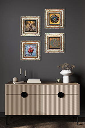 Yaşam Çiçeği, Semazen, Nazar, Nar Taş Duvar Tablosu Çerçeveli Duvar Dekoru 4 Parça Tablo Seti Wall Art