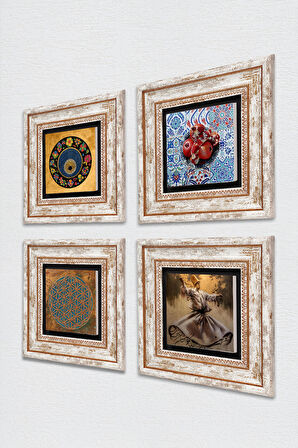 Yaşam Çiçeği, Semazen, Nazar, Nar Taş Duvar Tablosu Çerçeveli Duvar Dekoru 4 Parça Tablo Seti Wall Art