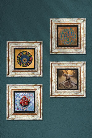Yaşam Çiçeği, Semazen, Nazar, Nar Taş Duvar Tablosu Çerçeveli Duvar Dekoru 4 Parça Tablo Seti Wall Art