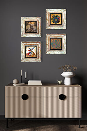 Yaşam Çiçeği, Nazar, Semazen Taş Duvar Tablosu Çerçeveli Duvar Dekoru 4 Parça Tablo Seti Wall Art