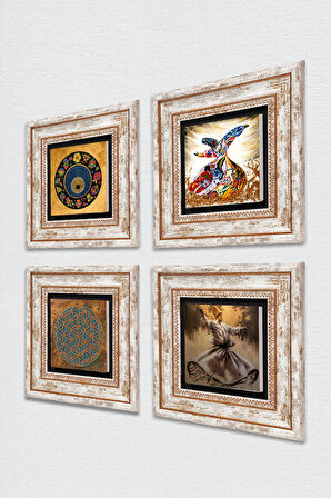 Yaşam Çiçeği, Nazar, Semazen Taş Duvar Tablosu Çerçeveli Duvar Dekoru 4 Parça Tablo Seti Wall Art