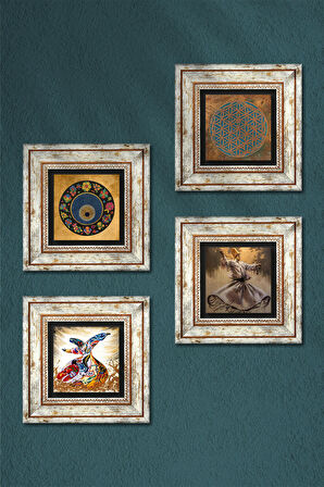 Yaşam Çiçeği, Nazar, Semazen Taş Duvar Tablosu Çerçeveli Duvar Dekoru 4 Parça Tablo Seti Wall Art