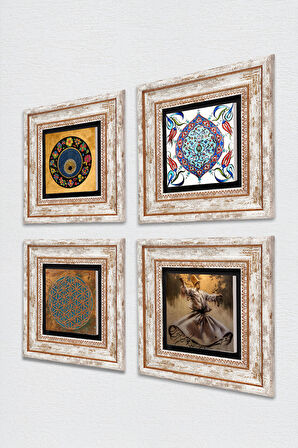 Yaşam Çiçeği, Semazen, Nazar, Çini Sanatı Taş Duvar Tablosu Çerçeveli Duvar Dekoru 4 Parça Tablo Seti Wall Art