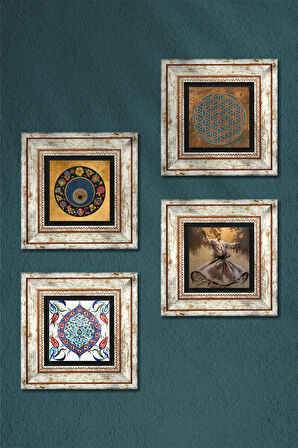 Yaşam Çiçeği, Semazen, Nazar, Çini Sanatı Taş Duvar Tablosu Çerçeveli Duvar Dekoru 4 Parça Tablo Seti Wall Art