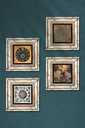 Yaşam Çiçeği, Semazen, Nazar, Çini Sanatı Taş Duvar Tablosu Çerçeveli Duvar Dekoru 4 Parça Tablo Seti Wall Art