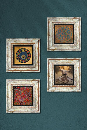 Yaşam Çiçeği, Semazen, Nazar, Desen Taş Duvar Tablosu Çerçeveli Duvar Dekoru 4 Parça Tablo Seti Wall Art