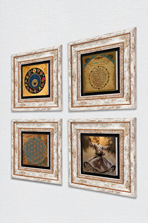 Yaşam Çiçeği, Semazen, Bereket Duası, Nazar Taş Duvar Tablosu Çerçeveli Duvar Dekoru 4 Parça Tablo Seti Wall Art