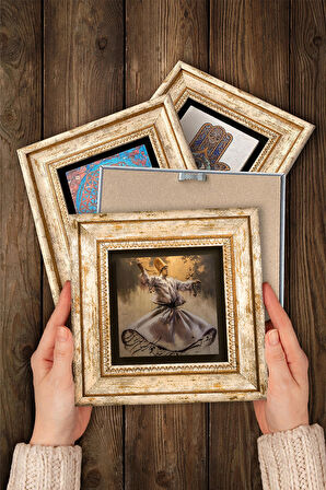 Yaşam Çiçeği, Semazen, Bereket Duası, Nazar Taş Duvar Tablosu Çerçeveli Duvar Dekoru 4 Parça Tablo Seti Wall Art