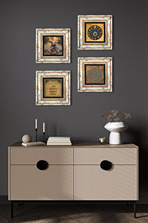 Yaşam Çiçeği, Semazen, Nazar Duası, Nazar Taş Duvar Tablosu Çerçeveli Duvar Dekoru 4 Parça Tablo Seti Wall Art