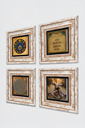 Yaşam Çiçeği, Semazen, Nazar Duası, Nazar Taş Duvar Tablosu Çerçeveli Duvar Dekoru 4 Parça Tablo Seti Wall Art