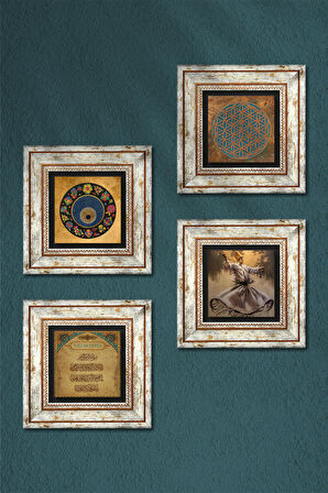Yaşam Çiçeği, Semazen, Nazar Duası, Nazar Taş Duvar Tablosu Çerçeveli Duvar Dekoru 4 Parça Tablo Seti Wall Art