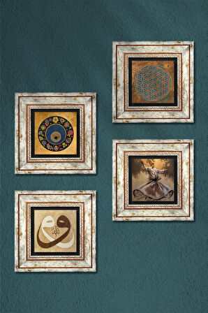 Yaşam Çiçeği, Semazen, Vav, Nazar Taş Duvar Tablosu Çerçeveli Duvar Dekoru 4 Parça Tablo Seti Wall Art