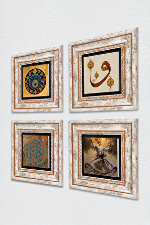 Yaşam Çiçeği, Semazen, Vav, Nazar Taş Duvar Tablosu Çerçeveli Duvar Dekoru 4 Parça Tablo Seti Wall Art