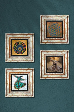 Yaşam Çiçeği, Semazen, Nazar Taş Duvar Tablosu Çerçeveli Duvar Dekoru 4 Parça Tablo Seti Wall Art