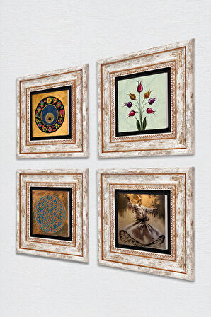 Yaşam Çiçeği, Semazen, Lale, Nazar Taş Duvar Tablosu Çerçeveli Duvar Dekoru 4 Parça Tablo Seti Wall Art