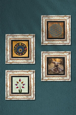 Yaşam Çiçeği, Semazen, Lale, Nazar Taş Duvar Tablosu Çerçeveli Duvar Dekoru 4 Parça Tablo Seti Wall Art