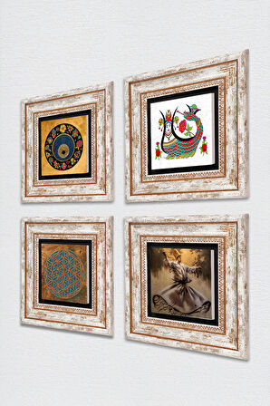 Yaşam Çiçeği, Semazen, Şahmeran, Nazar Taş Duvar Tablosu Çerçeveli Duvar Dekoru 4 Parça Tablo Seti Wall Art