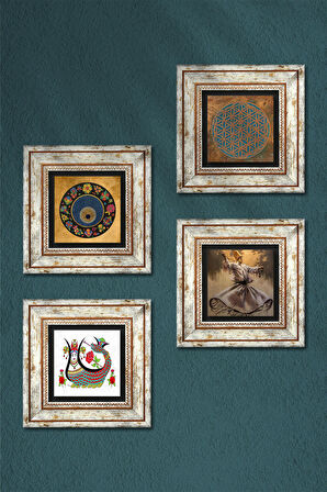 Yaşam Çiçeği, Semazen, Şahmeran, Nazar Taş Duvar Tablosu Çerçeveli Duvar Dekoru 4 Parça Tablo Seti Wall Art