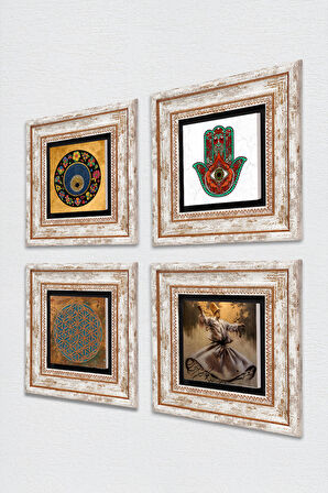 Yaşam Çiçeği, Semazen, Fatma Ana Eli (Hamsa), Nazar Taş Duvar Tablosu Çerçeveli Duvar Dekoru 4 Parça Tablo Seti Wall Art