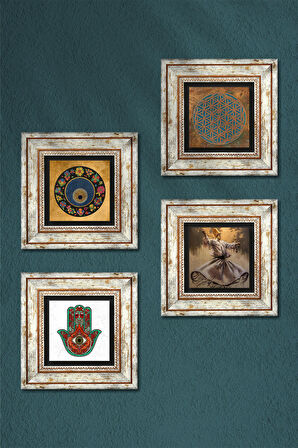 Yaşam Çiçeği, Semazen, Fatma Ana Eli (Hamsa), Nazar Taş Duvar Tablosu Çerçeveli Duvar Dekoru 4 Parça Tablo Seti Wall Art