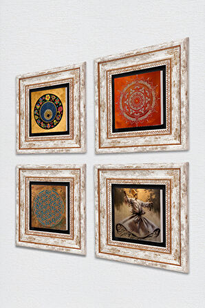 Yaşam Çiçeği, Semazen, Mandala, Nazar Taş Duvar Tablosu Çerçeveli Duvar Dekoru 4 Parça Tablo Seti Wall Art