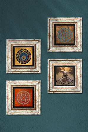 Yaşam Çiçeği, Semazen, Mandala, Nazar Taş Duvar Tablosu Çerçeveli Duvar Dekoru 4 Parça Tablo Seti Wall Art