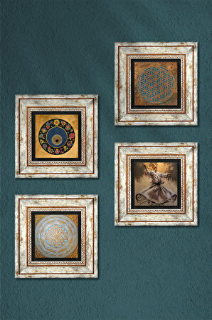Yaşam Çiçeği, Semazen, Sri Yantra, Nazar Taş Duvar Tablosu Çerçeveli Duvar Dekoru 4 Parça Tablo Seti Wall Art