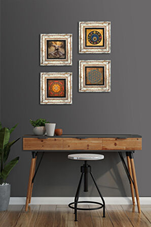 Yaşam Çiçeği, Semazen, Sri Yantra, Nazar Taş Duvar Tablosu Çerçeveli Duvar Dekoru 4 Parça Tablo Seti Wall Art
