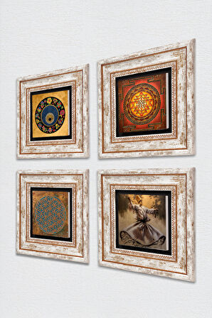Yaşam Çiçeği, Semazen, Sri Yantra, Nazar Taş Duvar Tablosu Çerçeveli Duvar Dekoru 4 Parça Tablo Seti Wall Art