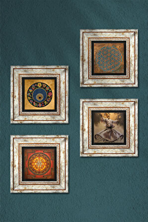 Yaşam Çiçeği, Semazen, Sri Yantra, Nazar Taş Duvar Tablosu Çerçeveli Duvar Dekoru 4 Parça Tablo Seti Wall Art