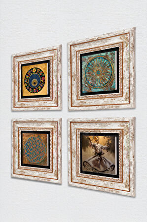 Semazen, Yaşam Çiçeği, Nazar Taş Duvar Tablosu Çerçeveli Duvar Dekoru 4 Parça Tablo Seti Wall Art