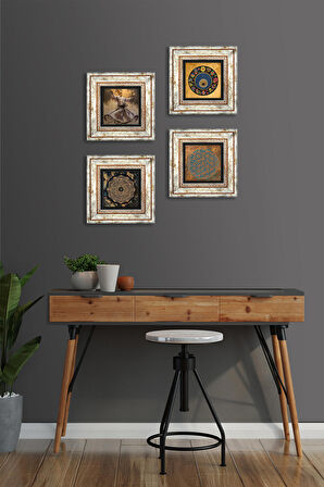 Yaşam Çiçeği, Semazen, Sri Yantra, Nazar Taş Duvar Tablosu Çerçeveli Duvar Dekoru 4 Parça Tablo Seti Wall Art