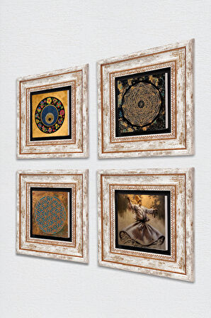Yaşam Çiçeği, Semazen, Sri Yantra, Nazar Taş Duvar Tablosu Çerçeveli Duvar Dekoru 4 Parça Tablo Seti Wall Art