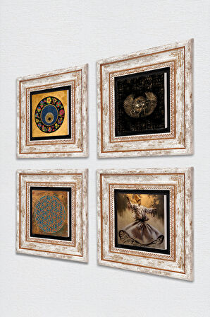 Yaşam Çiçeği, Semazen, Horus'un Gözü, Nazar Taş Duvar Tablosu Çerçeveli Duvar Dekoru 4 Parça Tablo Seti Wall Art
