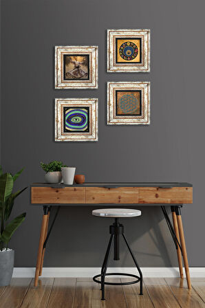 Yaşam Çiçeği, Semazen, Nazar Taş Duvar Tablosu Çerçeveli Duvar Dekoru 4 Parça Tablo Seti Wall Art
