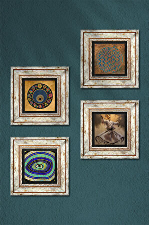 Yaşam Çiçeği, Semazen, Nazar Taş Duvar Tablosu Çerçeveli Duvar Dekoru 4 Parça Tablo Seti Wall Art
