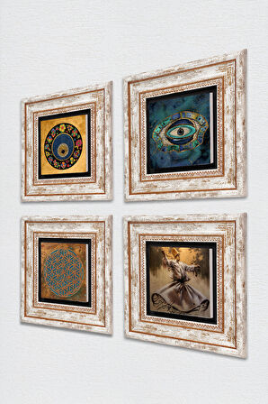 Yaşam Çiçeği, Semazen, Nazar Taş Duvar Tablosu Çerçeveli Duvar Dekoru 4 Parça Tablo Seti Wall Art