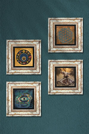 Yaşam Çiçeği, Semazen, Nazar Taş Duvar Tablosu Çerçeveli Duvar Dekoru 4 Parça Tablo Seti Wall Art