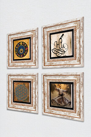 Yaşam Çiçeği, Semazen, Hu, Nazar Taş Duvar Tablosu Çerçeveli Duvar Dekoru 4 Parça Tablo Seti Wall Art