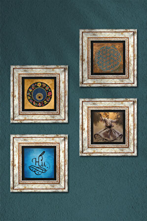 Yaşam Çiçeği, Semazen, Hu, Nazar Taş Duvar Tablosu Çerçeveli Duvar Dekoru 4 Parça Tablo Seti Wall Art